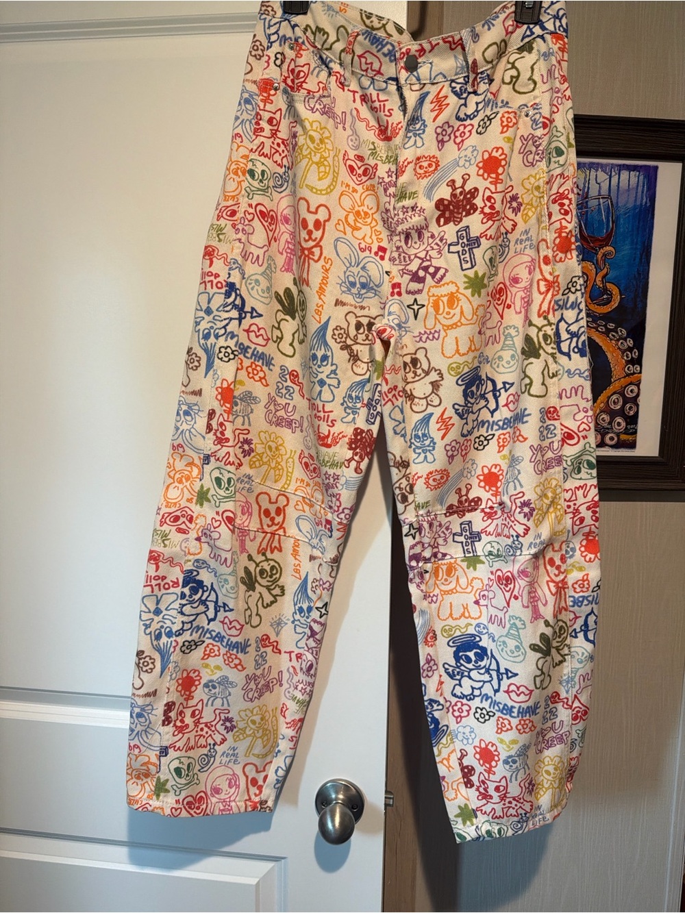 Women’s Cropped Multicolor Doodle Print Jeans - White Base
